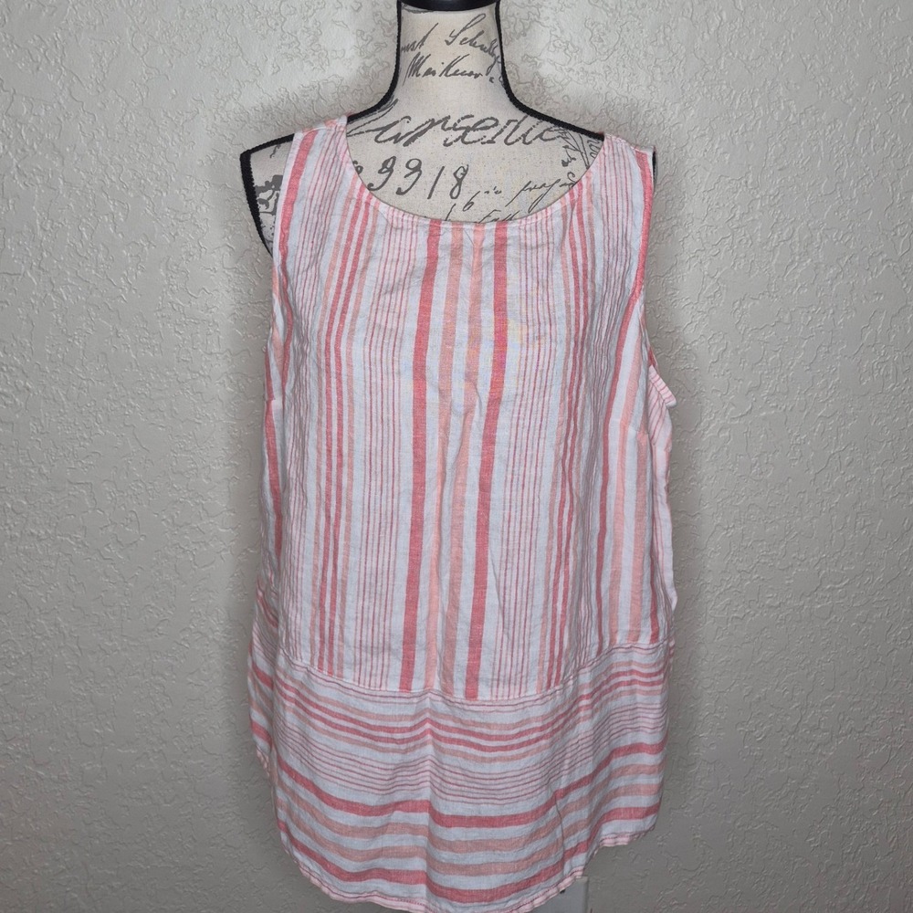 Charter Club Womens Pink White Striped Linen Sleeveless Tank Top Size L